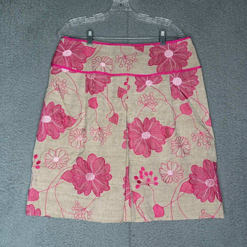Etcetera Silk Blend Floral Embroidered A-Line Skirt Pink Tan Womens 12